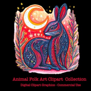 Clipart animaux d'art populaire scandinave - Images PNG d'art numérique - téléchargement immédiat pour des projets de sublimation et de conception. Art animalier coloré.