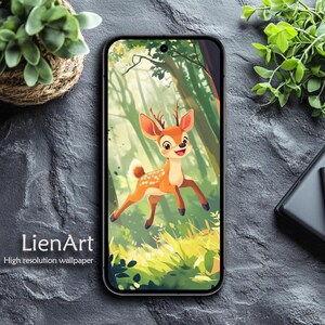 Fondo de pantalla de un lindo ciervo bebé para iPhone y Android: Fondo de animales del bosque con descarga digital de estilo caricatura.