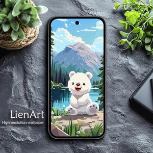 Fondo de pantalla de oso polar para iPhone y Android: lago de montaña, animal invernal, descarga digital con estilo de dibujos animados.