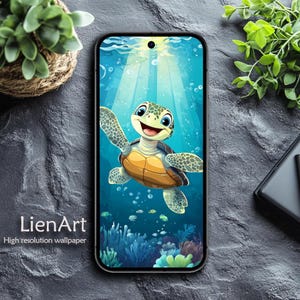 Fondo de pantalla de tortuga marina para iPhone y Android: descarga digital con un divertido estilo de dibujos animados.