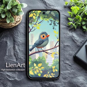 Lindo fondo de pantalla de ruiseñor para teléfono: Fondo de pantalla de animal del cielo para iPhone y Android: Naturaleza y ciudad en un estilo de dibujos animados caprichosos. Descarga digital.