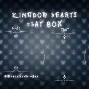 May include: A digital illustration of a chat box with the text "Kingdom Hearts Chat Box" in white text on a dark blue background with a white pattern of hearts and crosses. The chat box has two white text boxes with the word "Chat" in each box.
