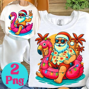 May include: White t-shirt featuring a cartoon Santa Claus wearing sunglasses and a Santa hat, relaxing on a pink flamingo floatie. The design includes palm trees and a sunset background, with the text "2 Png" in the lower left corner.
