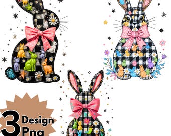 May include: Three digital designs featuring black and white checkered bunnies with pink bows and colorful accents. Each bunny is surrounded by smaller bunnies and flowers.