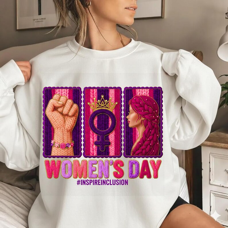 May include: White sweatshirt featuring a graphic for Women's Day. The design includes a raised fist, a female symbol with a crown, and a woman's profile with pink hair. The text "WOMEN'S DAY" and "#INSPIREINCLUSION" are also displayed.