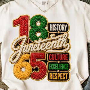May include: A white t-shirt featuring a graphic design with the numbers 18 and 65 in red, green, and yellow, and the word Juneteenth in white script. The design includes the words History, Culture, Excellence, and Respect in black boxes.