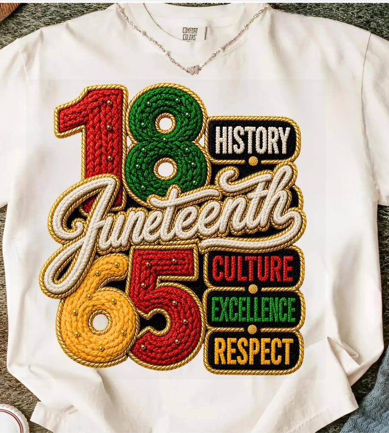 May include: A white t-shirt featuring a graphic design with the numbers 18 and 65 in red, green, and yellow, and the word Juneteenth in white script. The design includes the words History, Culture, Excellence, and Respect in black boxes.