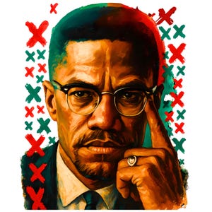 Puede incluir: Un retrato de cerca de un hombre con una expresión seria. Lleva gafas y una chaqueta de traje. El fondo es un patrón de X rojas y verdes.