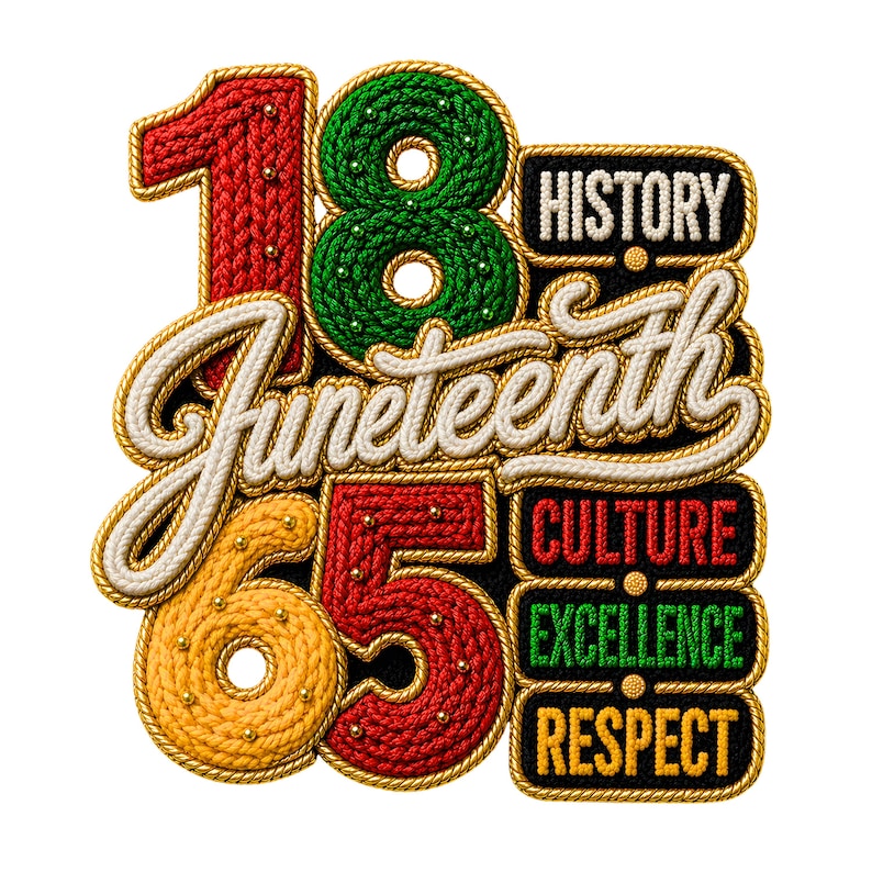May include: An embroidered patch featuring the number 18 in red and green, the number 65 in yellow and red, and the word Juneteenth in white script. To the right, black rectangular blocks contain the words HISTORY, CULTURE, EXCELLENCE, and RESPECT.