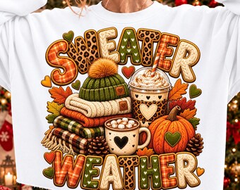 Sweater Weather Fall Sublimation PNG, Leopard Plaid Coffee Pumpkin (Digital Download)
