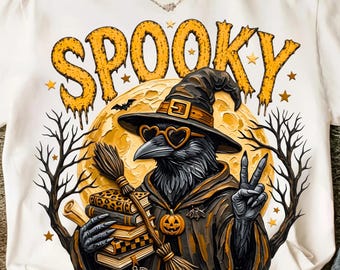 Spooky Crow Witch PNG, Retro Halloween Raven Shirt Graphic (Digital Download)