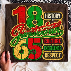 May include: A brown t-shirt featuring a distressed graphic design with the large numbers 18 and 65 in red, green, and yellow. The text reads Juneteenth, History, Culture, Excellence, and Respect in a stylized font with a vintage, weathered texture.