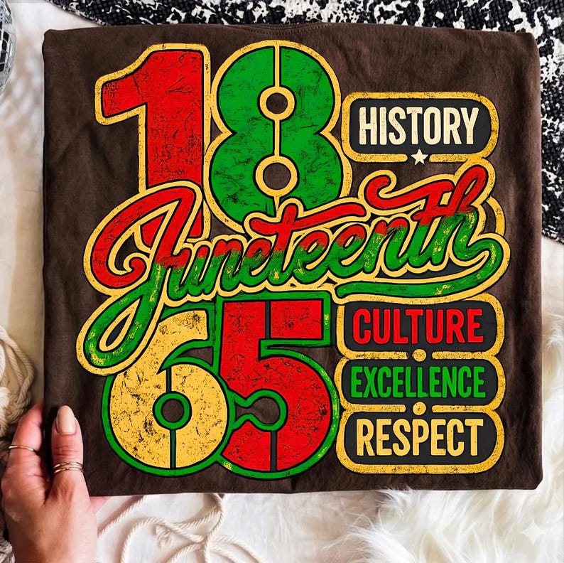 May include: A brown t-shirt featuring a distressed graphic design with the large numbers 18 and 65 in red, green, and yellow. The text reads Juneteenth, History, Culture, Excellence, and Respect in a stylized font with a vintage, weathered texture.