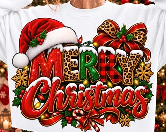 Merry Christmas Leopard Buffalo Plaid PNG Sublimation Design (Digital Download)