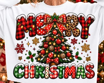 Merry Christmas Leopard Plaid Tree SVG, Retro Holiday Sublimation PNG (Digital Download)