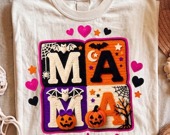 Mama Halloween PNG, Spooky Mom Shirt Design, Crochet Pumpkin Graphic (Digital Download)