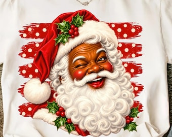 Retro Black Santa Claus PNG – Striped Vintage Christmas Sparkle Design