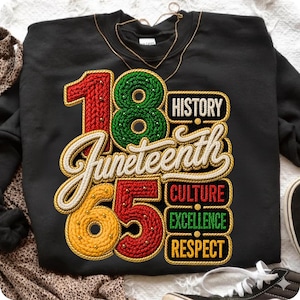 May include: A black crewneck sweatshirt featuring a graphic design with the text 1865 and Juneteenth. The design includes the words History, Culture, Excellence, and Respect in a rope-textured style with red, green, yellow, and white colors.
