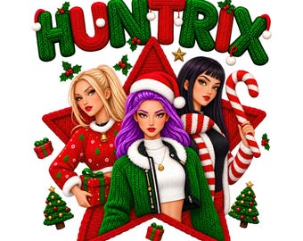 Puede incluir: Una ilustración gráfica con el texto HUNTRIX en letras de textura tejida roja y verde. Tres figuras se sitúan frente a una gran estrella roja, rodeadas de pequeños árboles de Navidad, regalos y acebo.