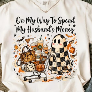 Halloween Ghost PNG, Husband's Money Shopping, Checkered Leopard Pumpkin (Digital Download)