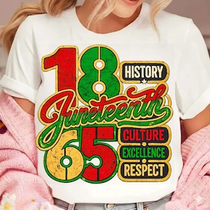 May include: A white t-shirt featuring a graphic with the large numbers 18 and 65 in red, green, and yellow. The word Juneteenth is written in a cursive script. Additional text includes the words History, Culture, Excellence, and Respect.