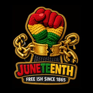 May include: An embroidered Juneteenth design. It features a clenched fist in red, yellow, and green, breaking golden shackles. The text "JUNETEENTH" in red, green, and yellow, and "FREE ISH SINCE 1865" are displayed on a black background.