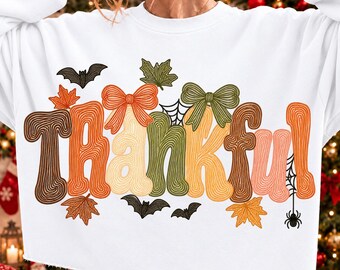 Groovy Thankful Coquette Fall SVG, Spooky Thanksgiving Bats and Bows (Digital Download)
