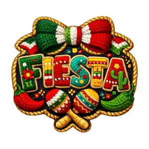 Puede incluir: Letrero bordado "Fiesta" con un lazo con los colores de la bandera mexicana. El letrero presenta maracas, chiles y un cactus. La palabra "Fiesta" está en letras coloridas. El letrero está delineado con una cuerda dorada.