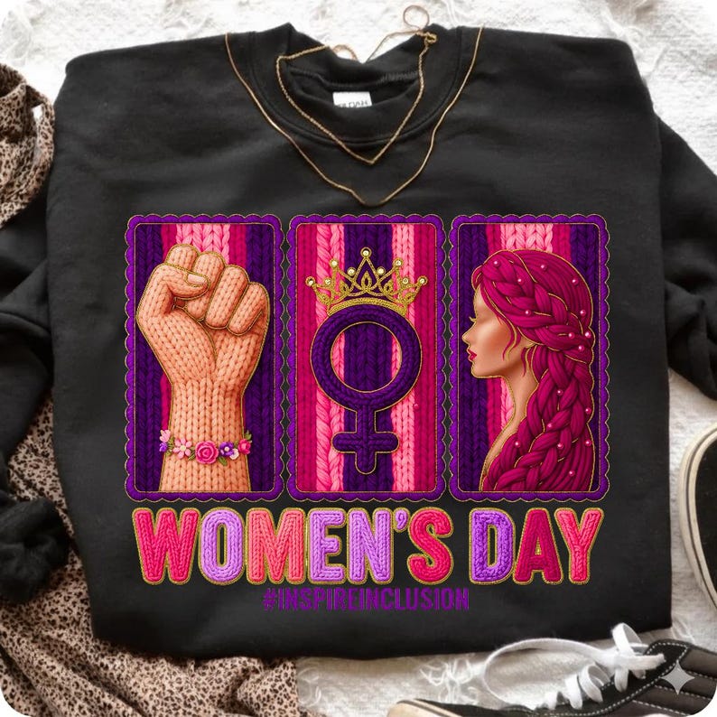 May include: Black sweatshirt with a graphic celebrating Women's Day. The design includes a knitted fist, a female symbol with a crown, and a woman's profile with braided hair. The text "WOMEN'S DAY" is in pink.