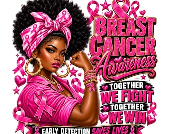 Breast Cancer PNG, Black Woman Pink Ribbon Awareness Sublimation Design (Digital Download)
