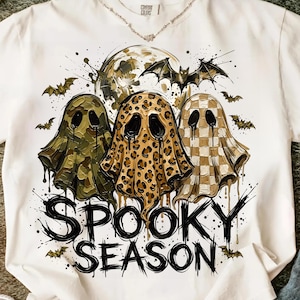 Spooky Season Ghosts PNG, Camo Leopard Checkerboard, Distressed Halloween Art (Digital Download)