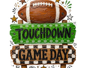 Puede incluir: Un letrero decorativo con un balón de fútbol americano marrón sobre un tablero verde que imita un campo con el texto TOUCHDOWN y un tablero de madera marrón con el texto GAME DAY, decorado con bordes a cuadros blancos y negros y estrellas.