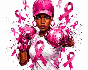 Black Woman Boxer Breast Cancer Fighter PNG, Pink Ribbon Warrior SVG (Digital Download)
