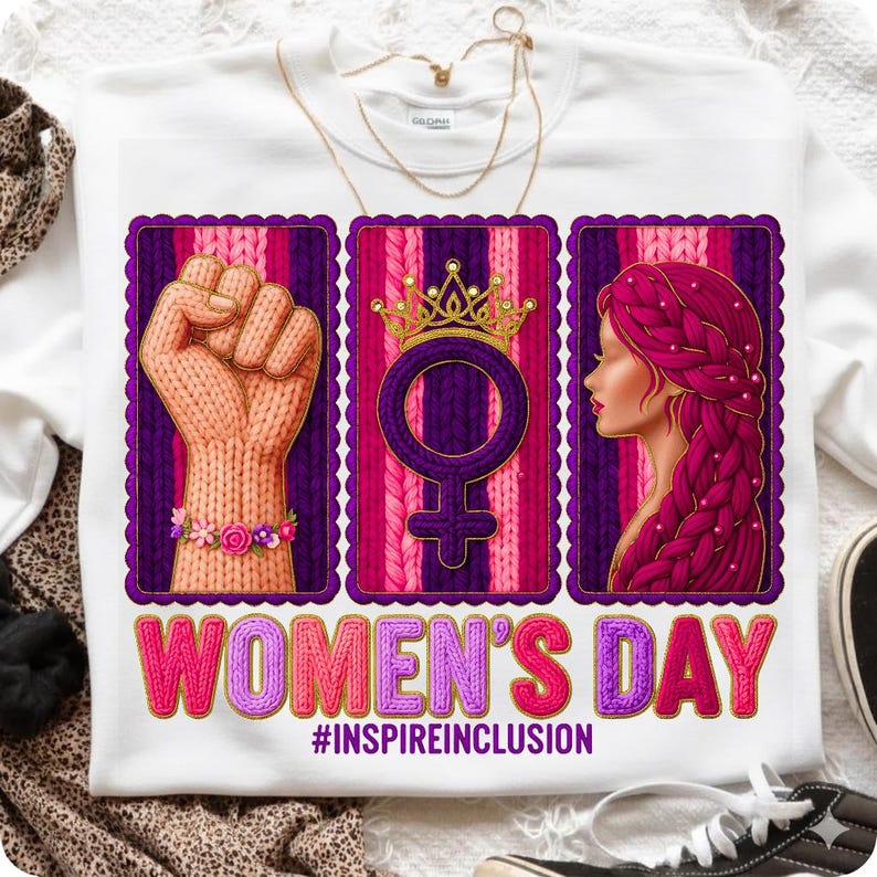 May include: White sweatshirt with a graphic design for Women's Day. The design includes a raised fist, a female symbol with a crown, and a woman's profile, all framed in purple. The text "WOMEN'S DAY" and "#INSPIREINCLUSION" are also featured.