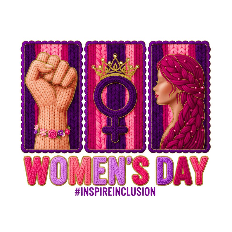 May include: A graphic for Women's Day with three panels. The first panel shows a knitted fist with a floral bracelet. The second panel features a Venus symbol with a crown. The third panel depicts a woman with braided hair. The text reads "WOMEN'S DAY" and "#INSPIREINCLUSION".