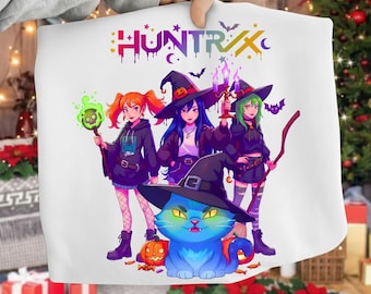 May include: White fabric featuring a colorful illustration of three anime-style witches and a blue cat wearing a witch hat. The image includes the text "HUNTRX" in a dripping font, bats, and a jack-o'-lantern. The witches are holding magic wands and candles.