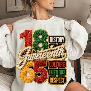 May include: A white crewneck sweatshirt featuring a large graphic design with the text 18 Juneteenth 65 in a rope-textured style. The numbers and word are colored in red, green, and yellow. Additional text includes History, Culture, Excellence, Respect.
