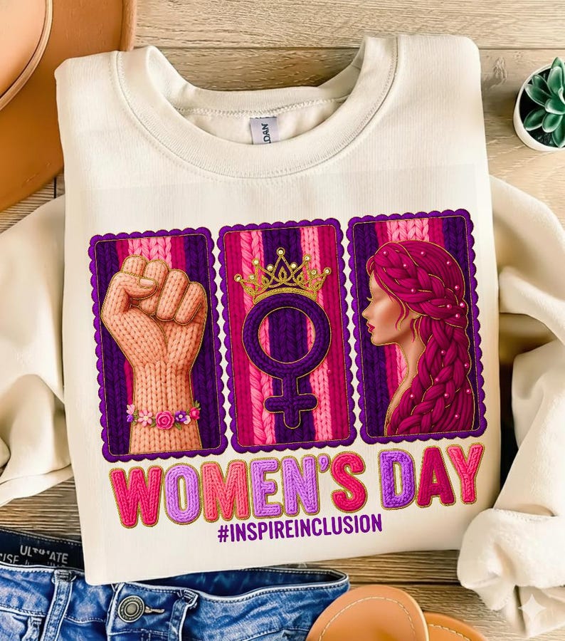 May include: Cream-colored sweatshirt with a graphic celebrating Women's Day. The graphic features a raised fist, a Venus symbol with a crown, and a woman's profile, all framed in purple. The text "WOMEN'S DAY" and "#INSPIREINCLUSION" are also displayed.