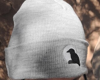 beanie for raven enthusiast, Outdoor Lover Halloween moon beanie gift, raven lover celestial beanie