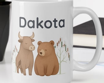 Personalized Bull & Bear Mug | Cute Stock Market Animal Design with Candlestick Leaves and Name or Quote Customization | 15oz