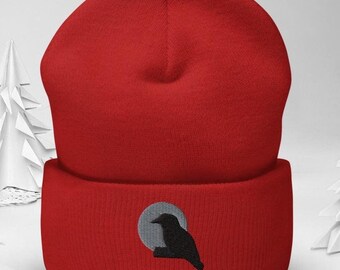 Knit Beanie Embroidered Raven, Whimsigoth Hat For Gift, Unique Seasonal Apparel, Outdoor Lover Gift
