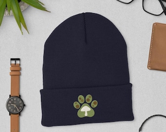 Woodland Mushroom Cat Paw Embroidered Unisex Cuffed Beanie, Cute Toadstool Moss Green Whimsical Hat, Gift for Hikers & Adventurers