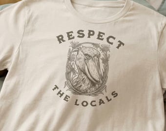 Shoebill Stork Shirt, Respect the Locals Tee, Linocut Bird Shirt, Wildlife Conservation Tshirt, Funny Nature Lover Gift, Bird Nerd Top