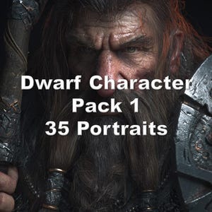 Könnte beinhalten: Detailliertes Porträt eines Zwergcharakters mit langem, geflochtenem Bart und intensivem Gesichtsausdruck. Der Text "Dwarf Character Pack 1 35 Portraits" in Weiß ist zu sehen, was auf eine Sammlung von Charakterporträts hindeutet.