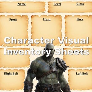 May include: Character Visual Inventory Sheets with a fantasy theme. The image features a muscular green-skinned character with a detailed design. The text includes fields for Name, Level, Class, Front, Head, Back, Right Belt, and Left Belt.