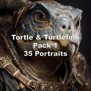 May include: A close-up image of a turtle-like character with a blue-green shell and detailed facial features. The image includes the text "Tortle & Turtlefolk Pack 1 35 Portraits."