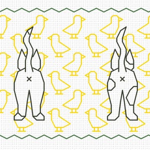 May include: A cross-stitch design featuring three cat rears with varying patterns, set against a backdrop of yellow bird silhouettes on a white background. The design is framed with a green border.