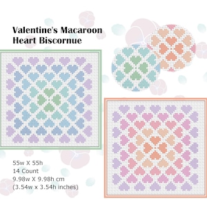 Puede incluir: Un patrón de punto de cruz para un biscornu en forma de corazón, con un degradado de colores pastel. El patrón tiene 55 puntos de ancho por 55 puntos de alto y utiliza tela Aida de 14 puntos. El tamaño terminado es de 9,98 cm por 9,98 cm o 3,54 pulgadas por 3,54 pulgadas.