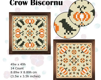 Patrón de punto de cruz de Halloween: Cuervo Biscornu – Descargar PDF