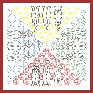 May include: A black and white geometric pattern with a repeating design of stylised animals. The pattern is divided into four sections, each with a different colour: red, yellow, green, and blue.